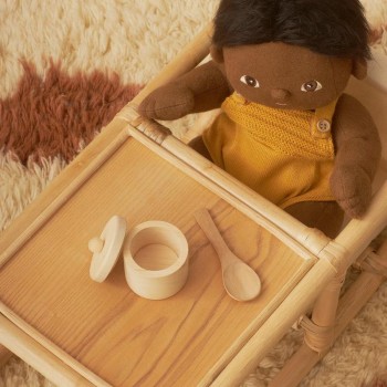 Pot & cuillère en bois naturel pour poupée